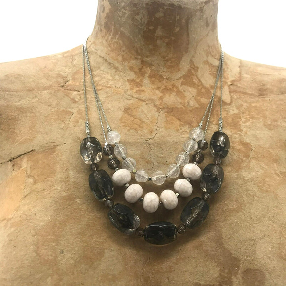 Ann Taylor Loft Three Strand Beaded Necklace Clear White Smokey Silver - Picture 1 of 9